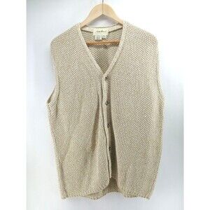 Vtg 90s Eddie Bauer Sweater Vest Cardigan Beige‎ Chunky Knit Made in USA Mens XL